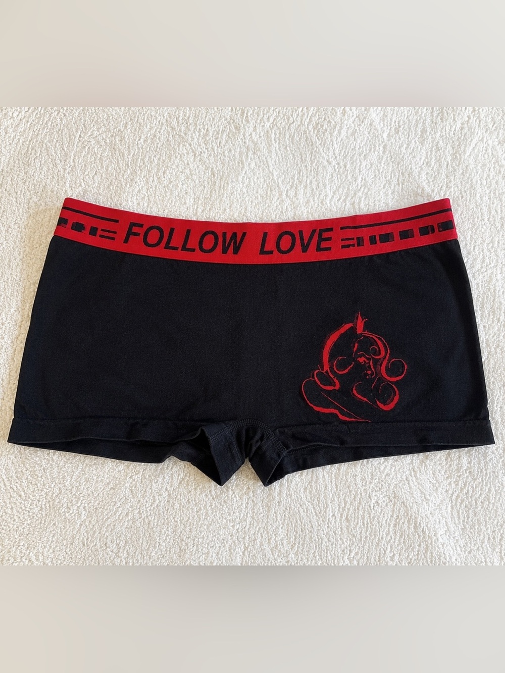 SHEIN Black & Red Boyshort Panties – “Follow Love” Graphic Lounge Shorts